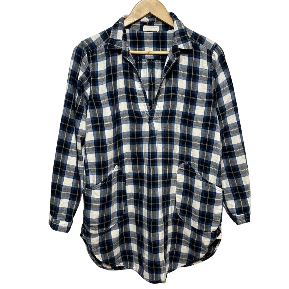 CP Shades Plaid Tunic Womens Small Blue Cotton Flannel Pullover Pocket Top *Flaw